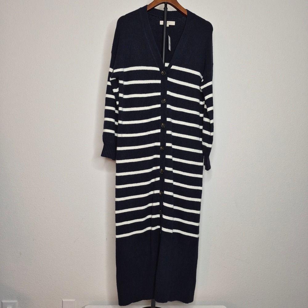 LOFT Navy White Striped Maxi Duster Cardigan Sweater Dress Button Front L NWT